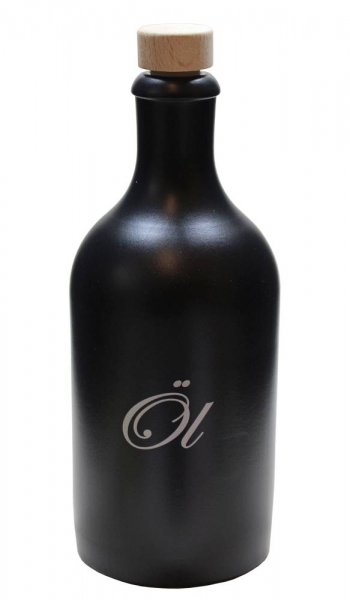 Steinzeugflasche 500ml schwarz-matt, bedruckt mit "Öl" silber, Mündung 19mm inkl. pasendem Holzgriffkork natur